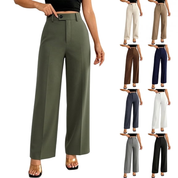 Tbopshirt Women's Dress Pants Work Pants High Waist Button Closure Straight Leg Solid Formal Suit Trousers with Side Pockets for Office Casual Wear,Army Green,S-XXL