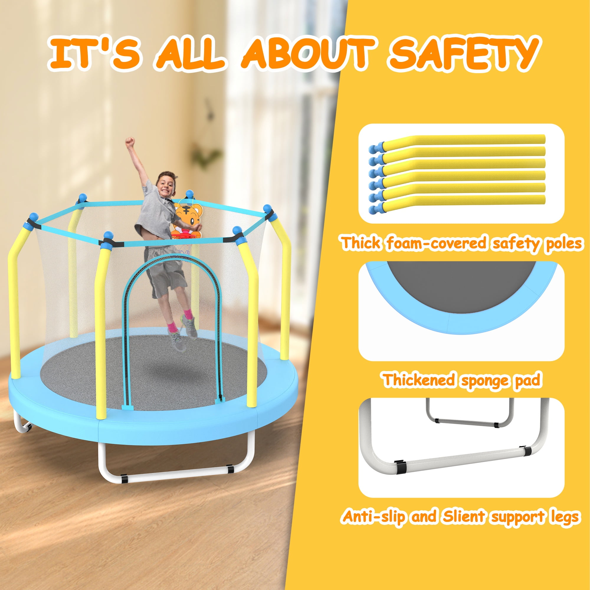 Toddler Trampoline with Safety Enclosure Net, Segmart Mini Trampoline with Cartoon Basketball Hoop, Recreational Trampoline with No-Gap Safe Design, Birthday Gifts for Boys & Girls