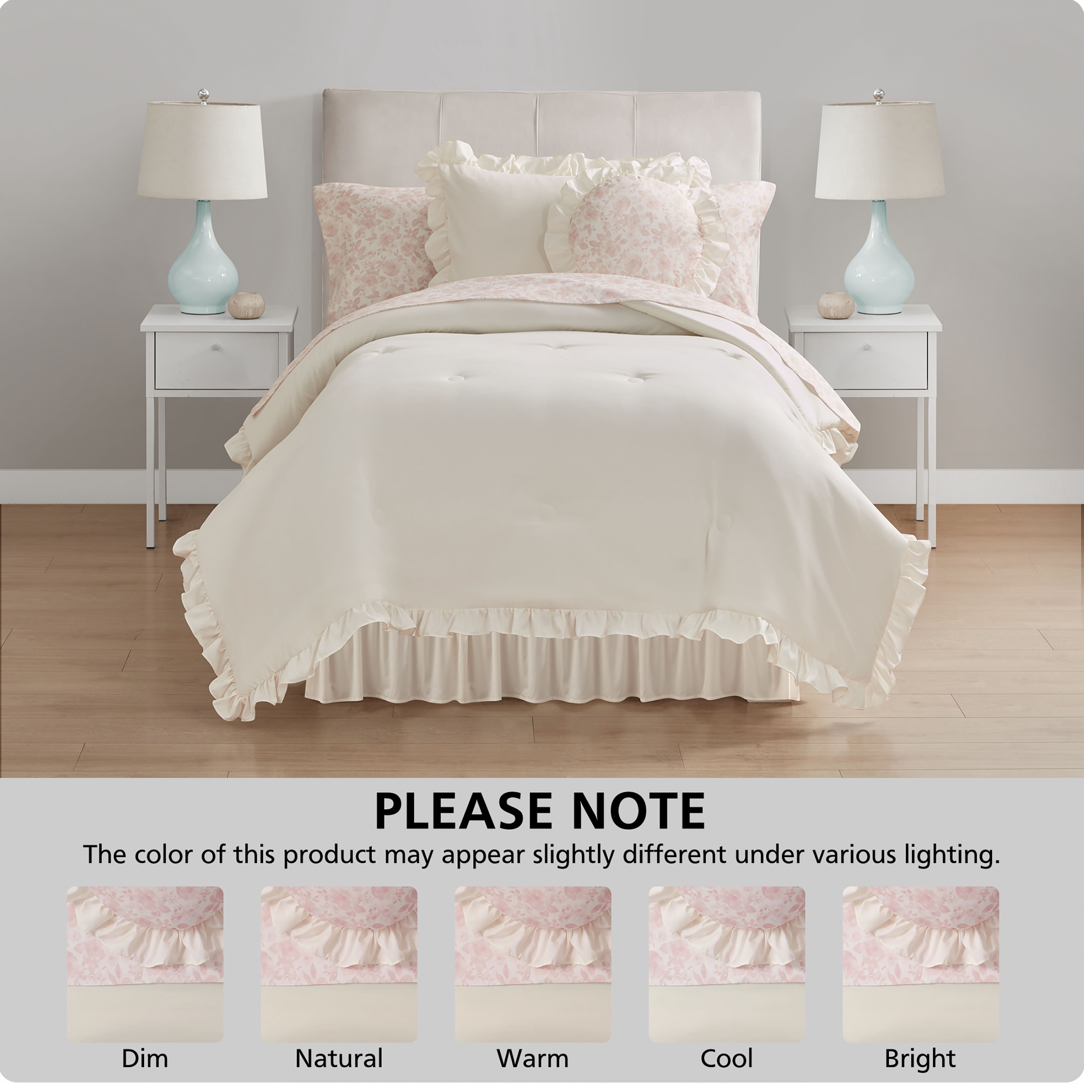 Mainstays Reversible 8-Piece Bed-in-a-Bag Comforter Set with Sheets, Cream Ruffle, Twin/Twin-XL