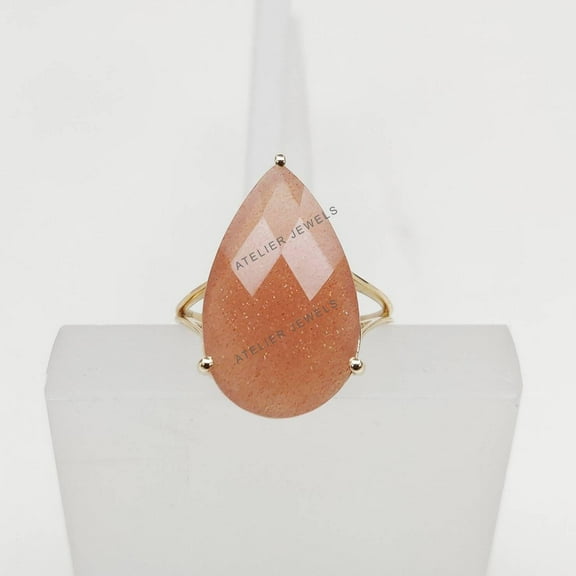 Pear Natural Peach Moonstone Ring, 10K Yellow Gold, June Birthstone