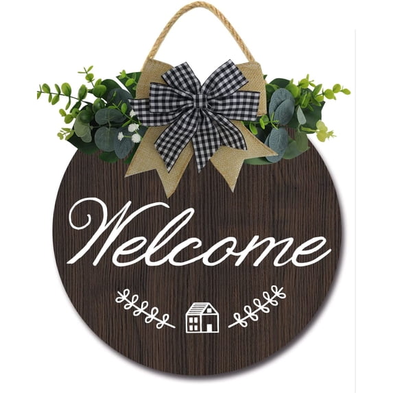 Eveokoki 12" Welcome Sign for Front Door Porch Farmhouse Round Plaque Wreaths Hanging Wooden Sign Wall Decor for Home Christmas Decoration Housewarming Gift