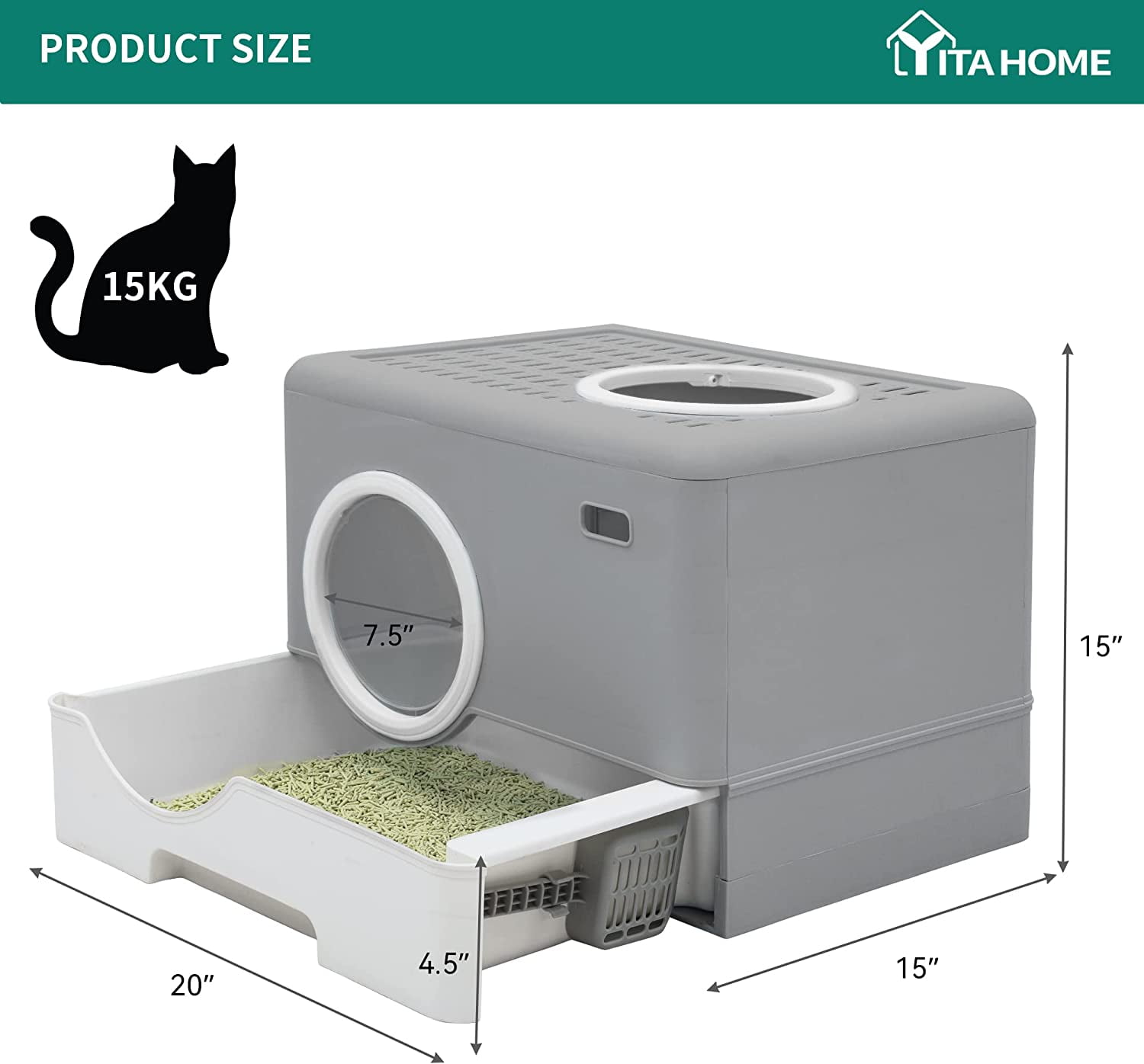 Dextrus Large Enclosed Cat Litter Box, Odorless Enclosed Design with Drawer, Lid Cover, Front Entry & Top Exit Door for Easy Cleaning - Gray
