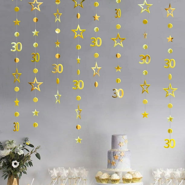 Guirnaldas doradas para 30 cumpleaños, decoraciones con número 30, guirnalda de estrellas centelleantes con puntos circulares, banderines metálicos colgantes, banderines, telón de fondo para su feliz