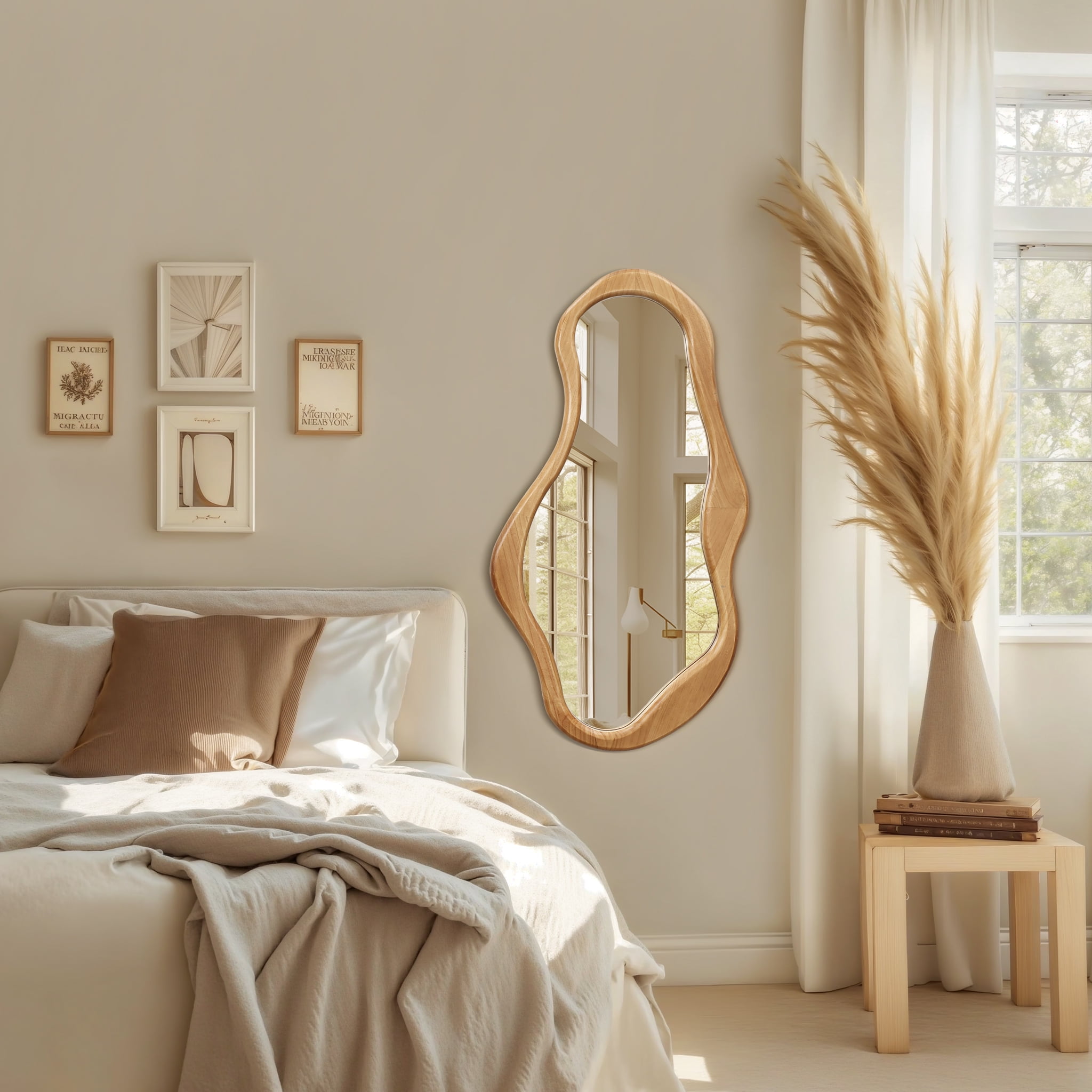 LuxenHome Natural Pine Wood Frame Irregular Oval Wall Mirror Decor Wall Mounted Accent Vanity Mirror