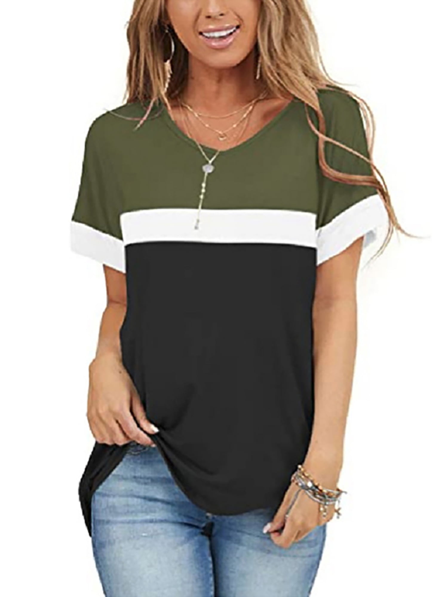 Women's V-Neck Loose Short Sleeve Blouse Light weight Tunic Casual Top T-Shirt 