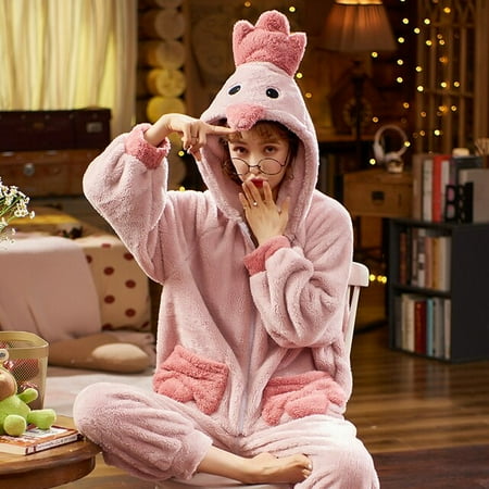 

PIKADINGNIS Winter Pyjamas Woman Sleepwear Hooded Loose Version Video Zip Pajamas Partysu Medium Style Packed Trend Plush Nonopnd Thicken