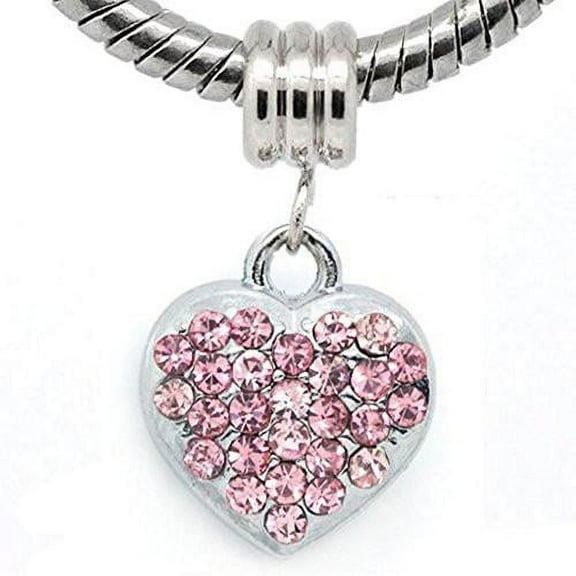 Pink Rhinestone Heart Dangle European Bead Compatible for Most European Snake Chain Bracelets