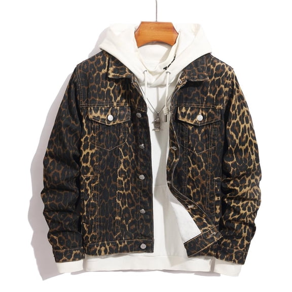 Reppunk Men's Vintage Leopard Print Trucker Denim Jacket, Classic Lapel Button Down Streetwear Outerwear, Versatile Business Casual Layered Coat