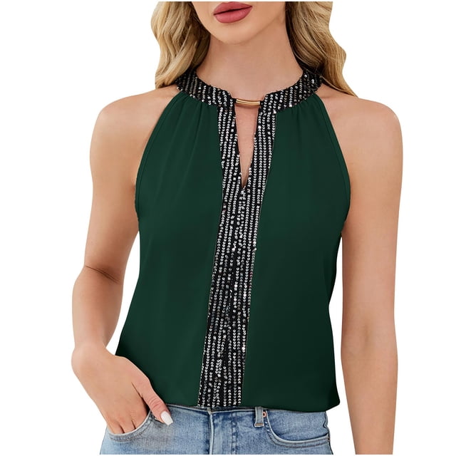 WRKEKC Hauts Habillés Décontractés pour Femmes Col Licou Insert à Paillettes Mode Haut Sans Manches Camisole à Col en V