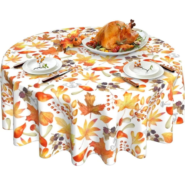 Fall Tablecloth, Autumn Maple Leaf Round Tablecloth 60 Inch, Thanksgiving White Round Table Cloth for Rustic Farmhouse Kitchen Decor, Wipeable Polyester Fabric Table Cover for Outdoor Holiday Party