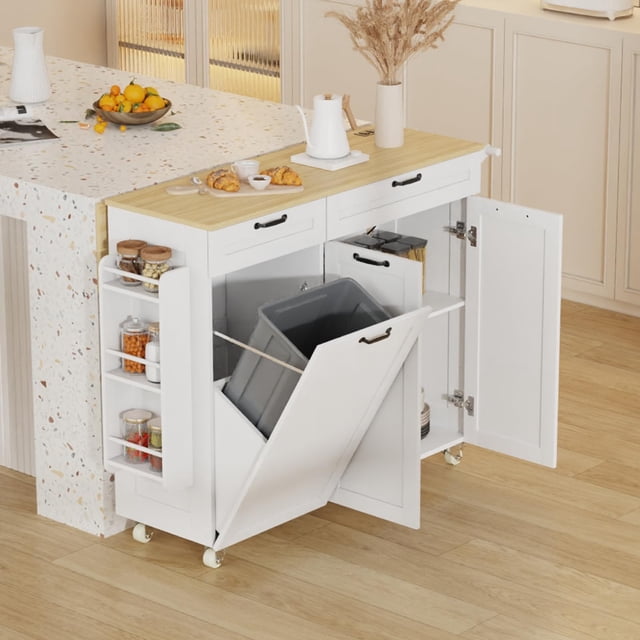 Eastvita Kitchen Island Cart with Drop Leaf/Trash Storage Cabinet/White
