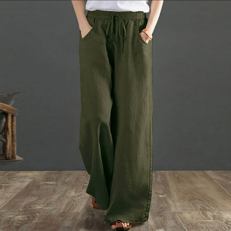 Womens Lounge Pants Cotton Linen Lightweight Wide Leg Pants for Women  Casual Loose Fitting Solid Slacks Trousers (Medium, Army Green)