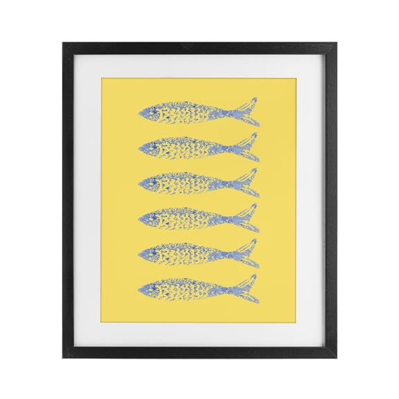 Stupell Industries Sardine Stamps on Yellow Black Framed Print Under Glass, design by Julie DeRice