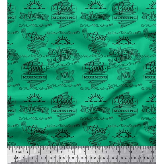 Soimoi Green polyester Crepe Fabric Sun & Text Print Fabric by the Yard 42 Inch Wide