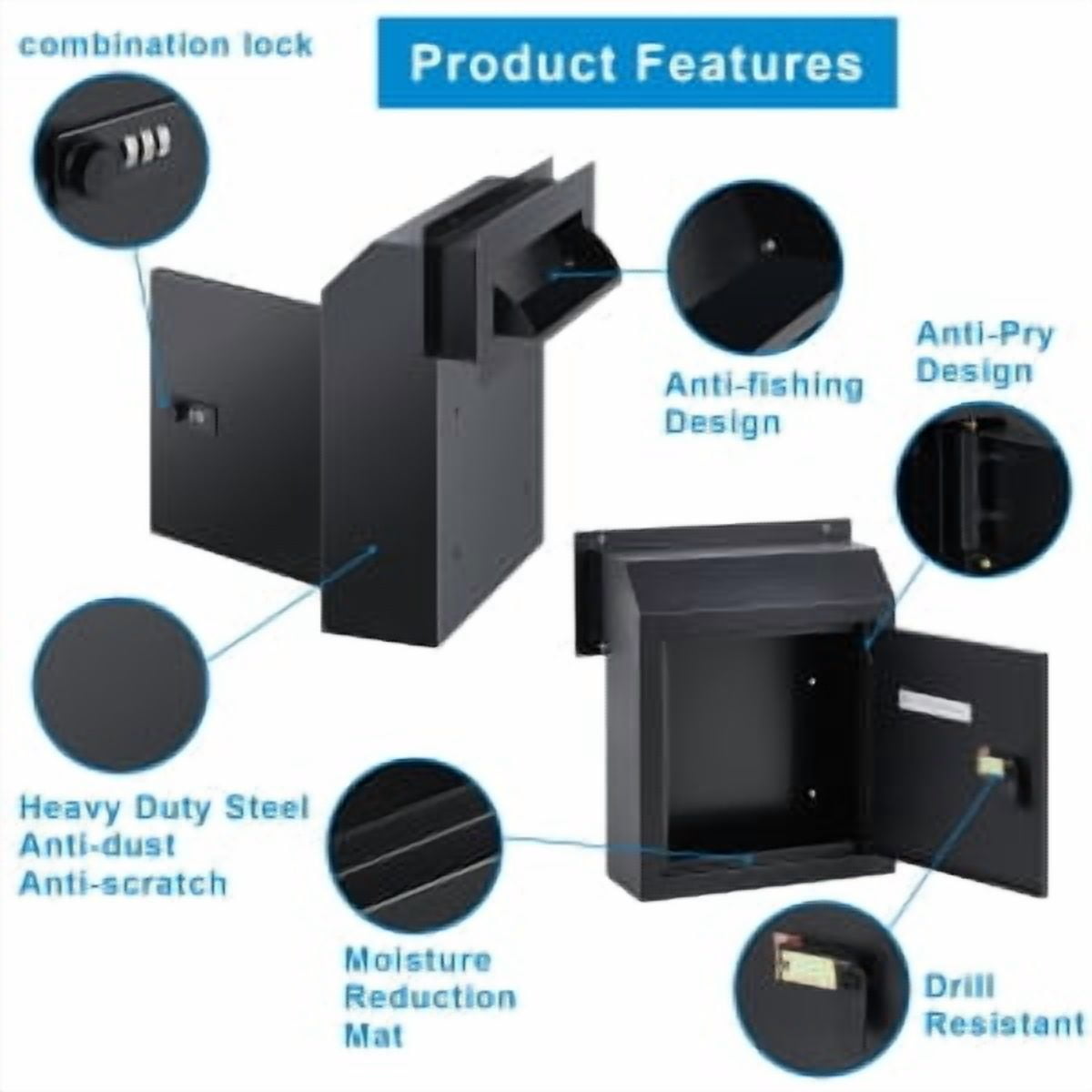 EastVita Through-The-Door Mail & Package Drop Box | Steel Construction with Combination Lock | 14x6x14in Black Security Mailbox for Packages, Newspapers & Key Storage