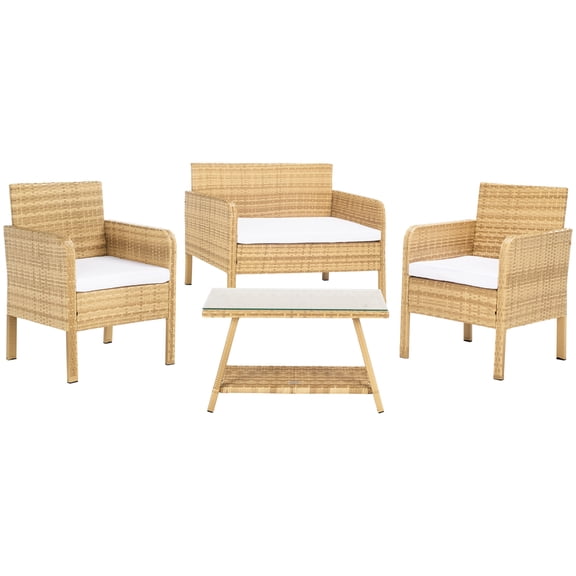 SAFAVIEH Aboka Outdoor Patio 4Pc Conversation Set, Natural/White