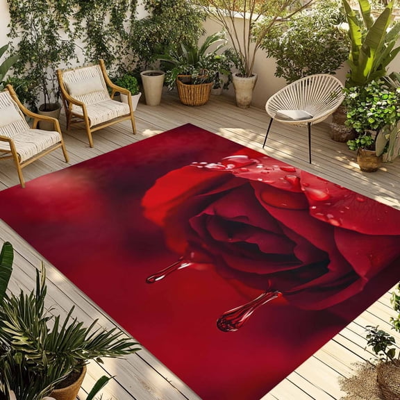 Fsddascl Red Rose Outdoor Rug for Patio/Deck/Porch, Non-Slip Large Area Rug 6 x 9 Ft, Elegance Fantasy Flowers Romantic Indoor Outdoor Rugs Washable Area Rugs, Reversible Camping Rug Carpet Runner