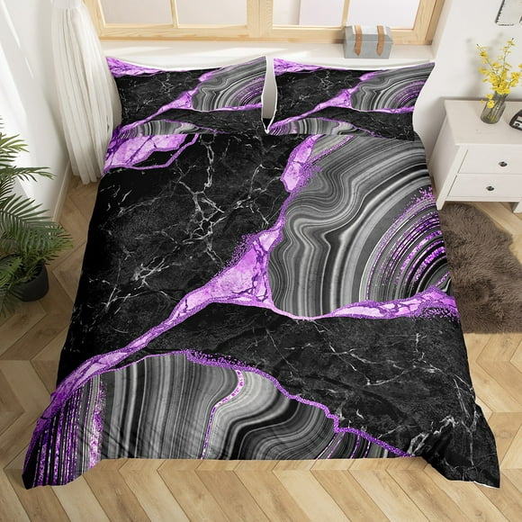 Black Grey Marble Duvet Cover Twin, Purple Marbling Crack Print Bedding Set For Women, Abstract Metallic Texture Comforter Cover, Gray Luxury Shinny Room Decor Boho Hippie Fluid Quilt Cover