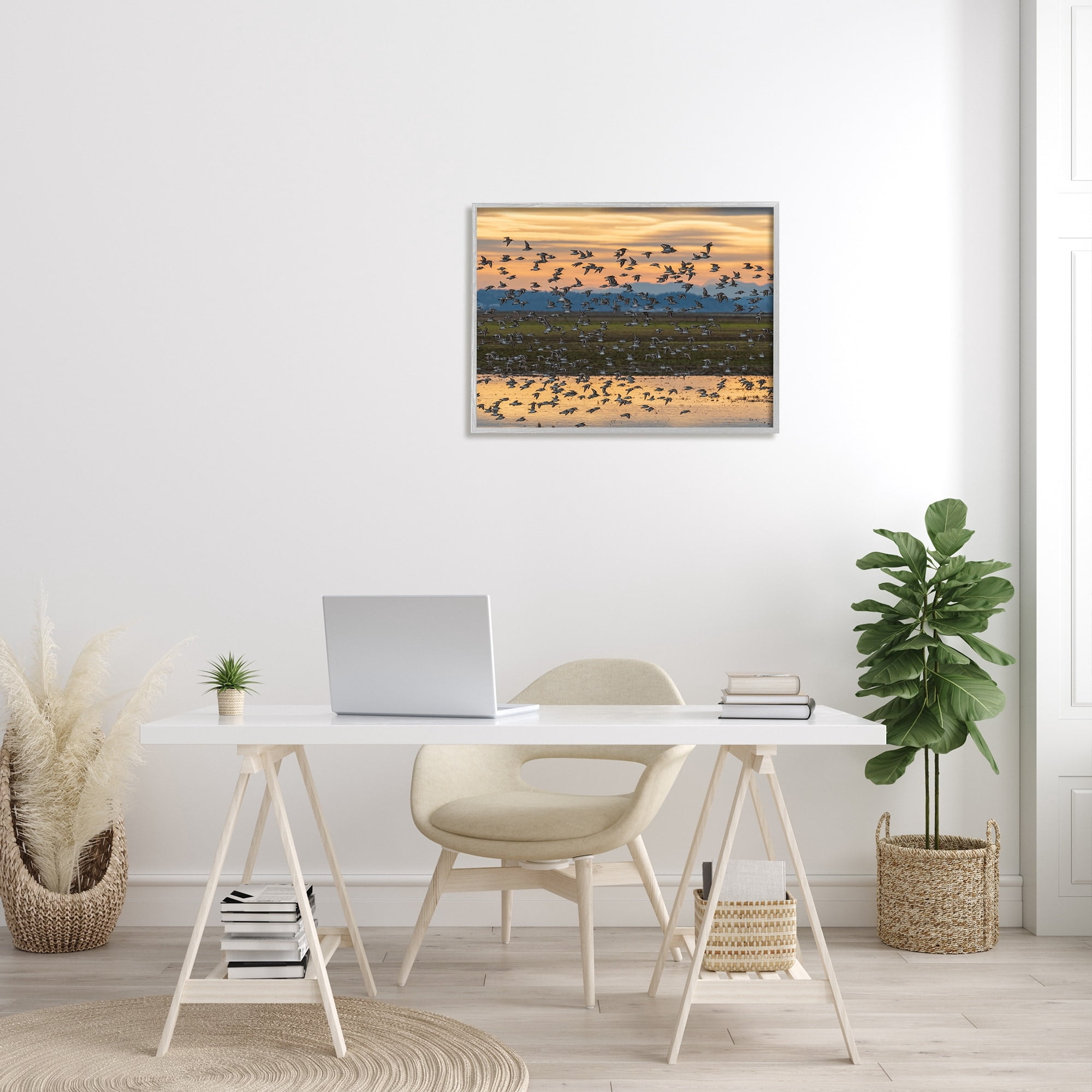Stupell Industries Flock of Birds Flying Lake Reflection Orange Sunset Painting Gray Framed Art Print Wall Art, Design by Nancy Crowell