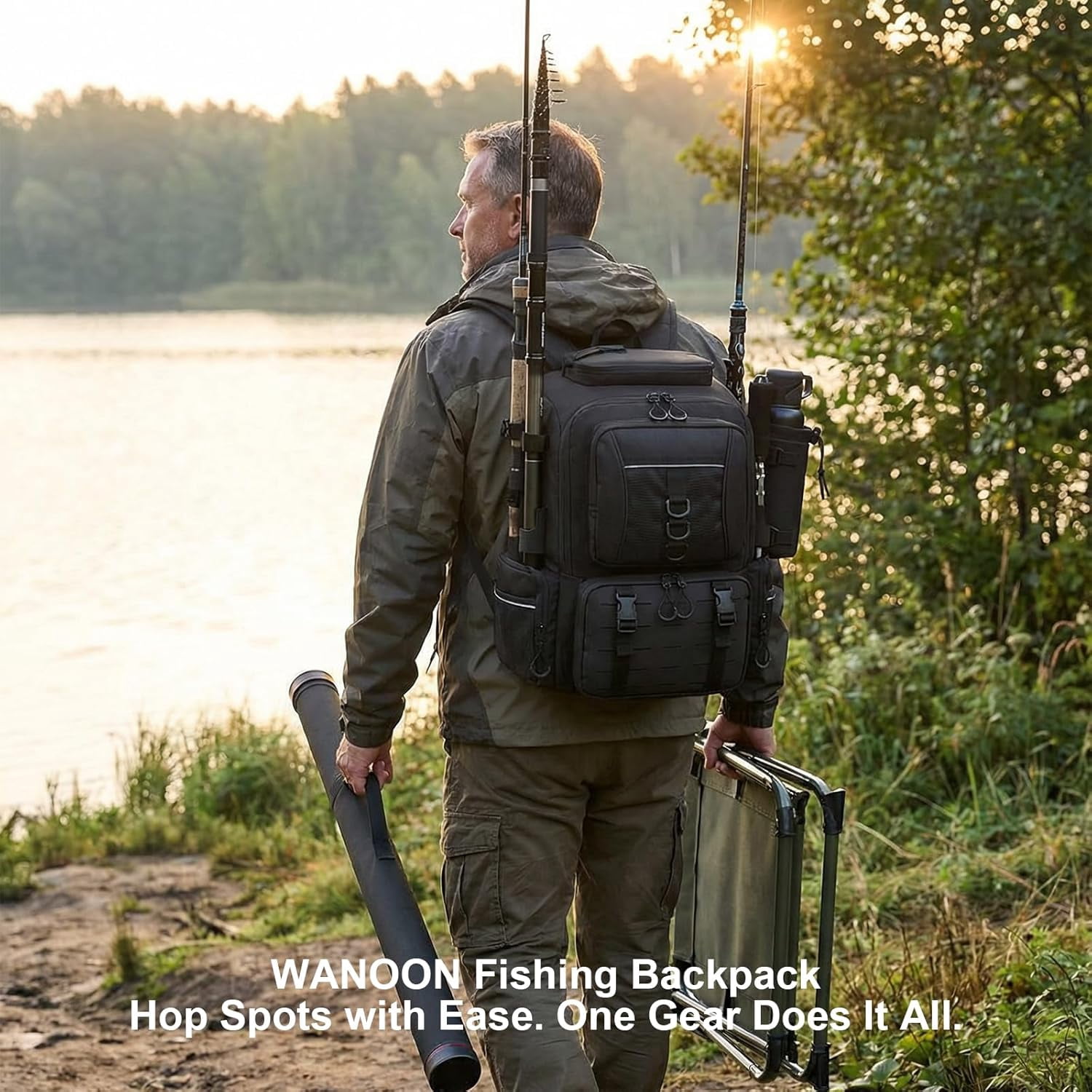 WANOON Fishing Backpack 45L Waterproof with Insulated Bait Pocket & 4 Rod Holders for Outdoor Adventures