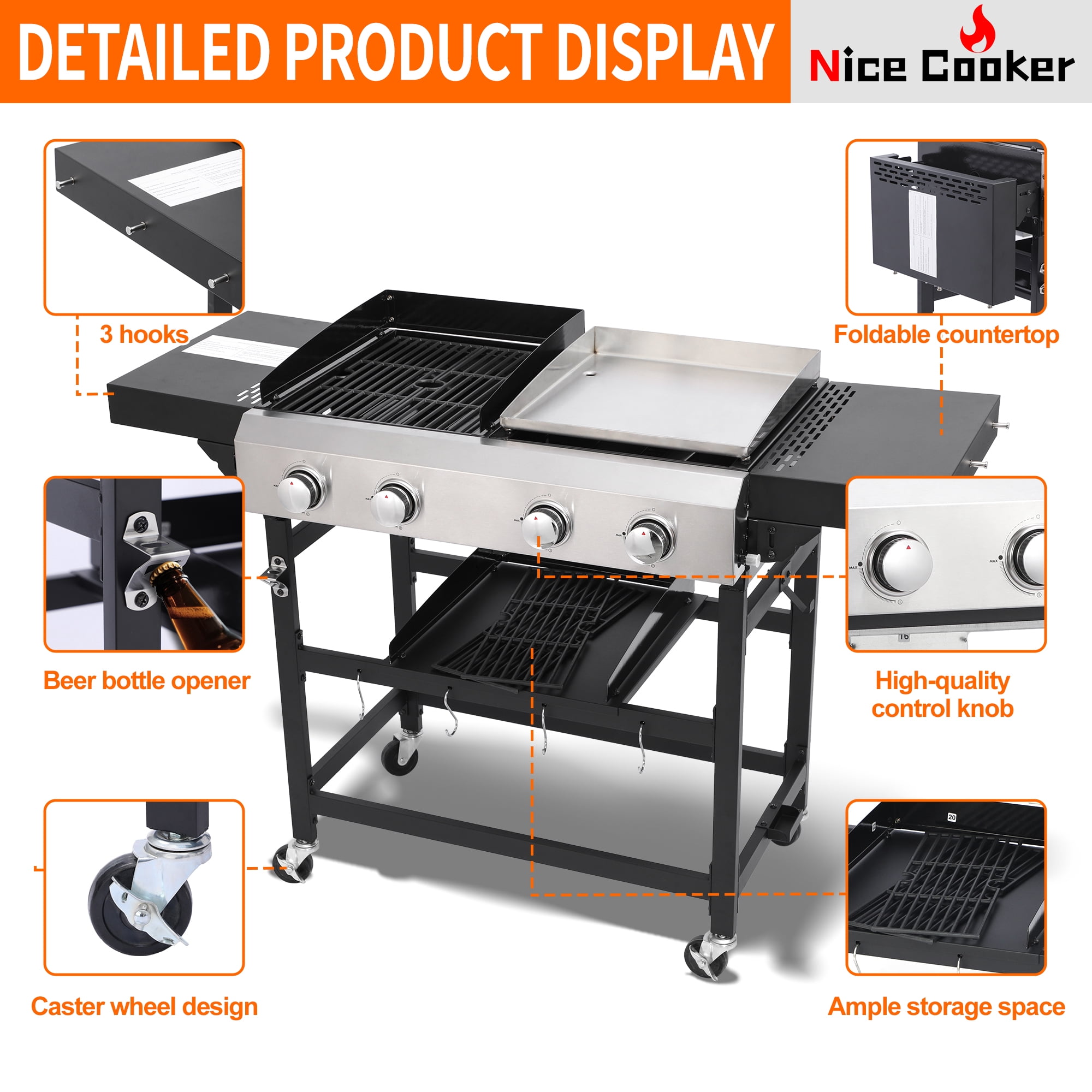 4 Burner Propane Gas Grill and Griddle Combo with Foldable Side Table, 470 sq in Cast Iron Grate & 248 sq in Flat Top, 38,200 BTU Outdoor BBQ Grill for Outdoor, BBQ, Camping
