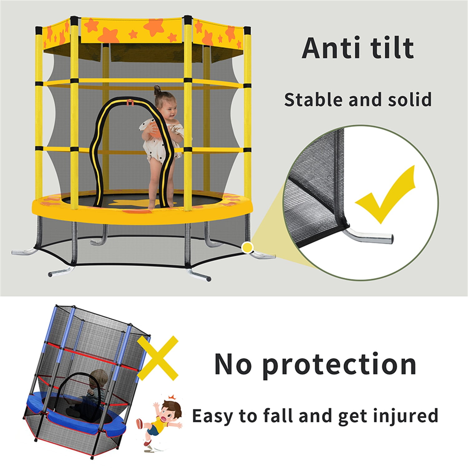 Private Jungle 55 InchTrampoline for Kids, Mini Trampoline with Enclosure Net and with Water Sprinkler for Toddler Exercise Birthday Gifts - Yellow