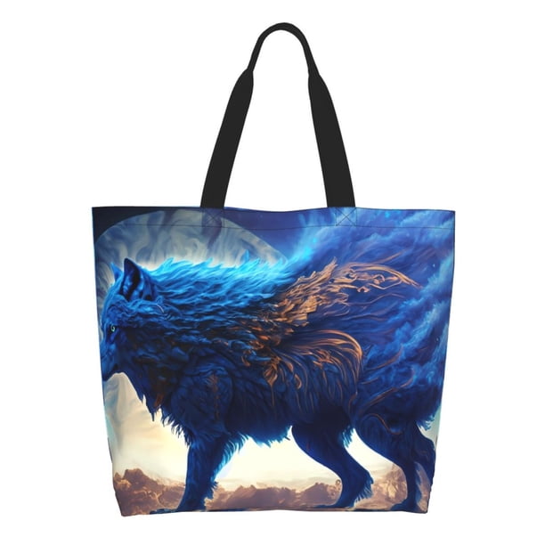 Balery Moonlit Blue Wolf Bolsa Tote Estilo Estético con Cremalleras, Bolsa de Hombro, Bolsa de Compras Grande y Plegable