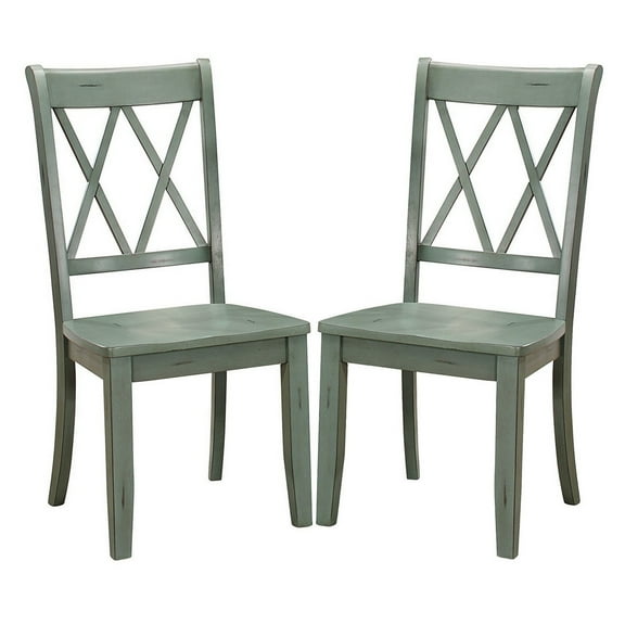 Benzara Pine Veneer Side Chair With Double X Cross Back, Teal Blue, Set of 2