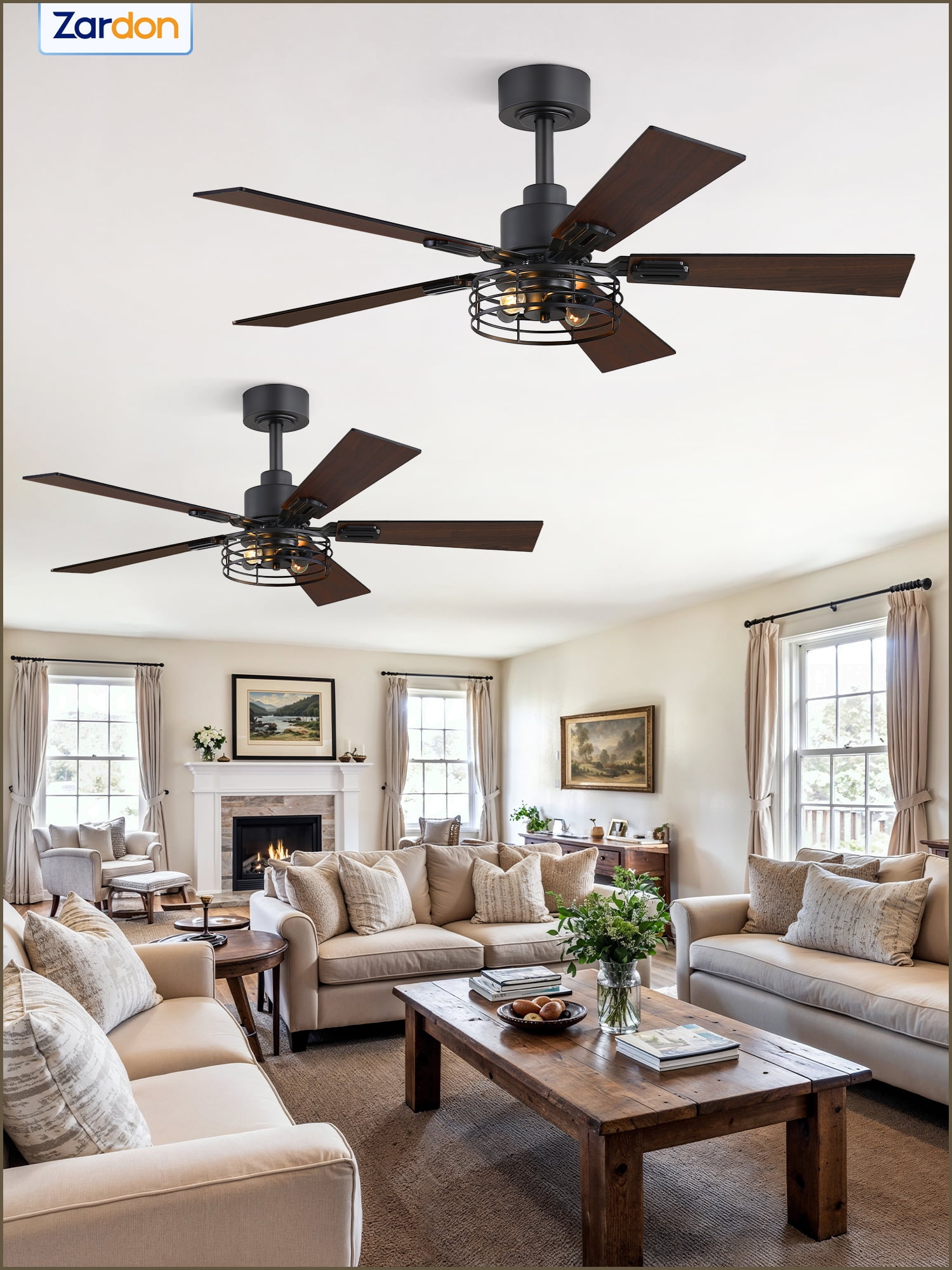 Zardon 42" Black Farmhouse Ceiling Fans with Light and Remote, 2 Pack Industrial Caged Fans with Quiet DC Motor, 6-Speed for Bedroom, Living Room, Indoor