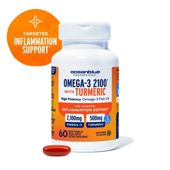 Oceanblue® Professional Omega-3 2100 with Turmeric, 60ct, Triple Strength Burpless Fish Oil, 20 Servings, Gluten-Free, No Mercury, For Targeted Inflammation Support