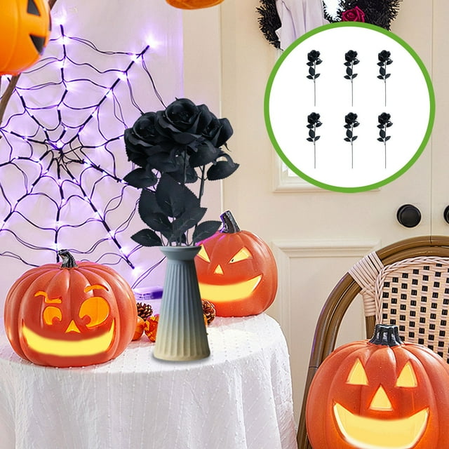 Boovnll Halloween Flowers - 6Pcs Artificial Roses Flowers Stems Gothic Black Artificial Flowers for Halloween Indoor Tables Centerpiece Party Decor, Halloween Decorations