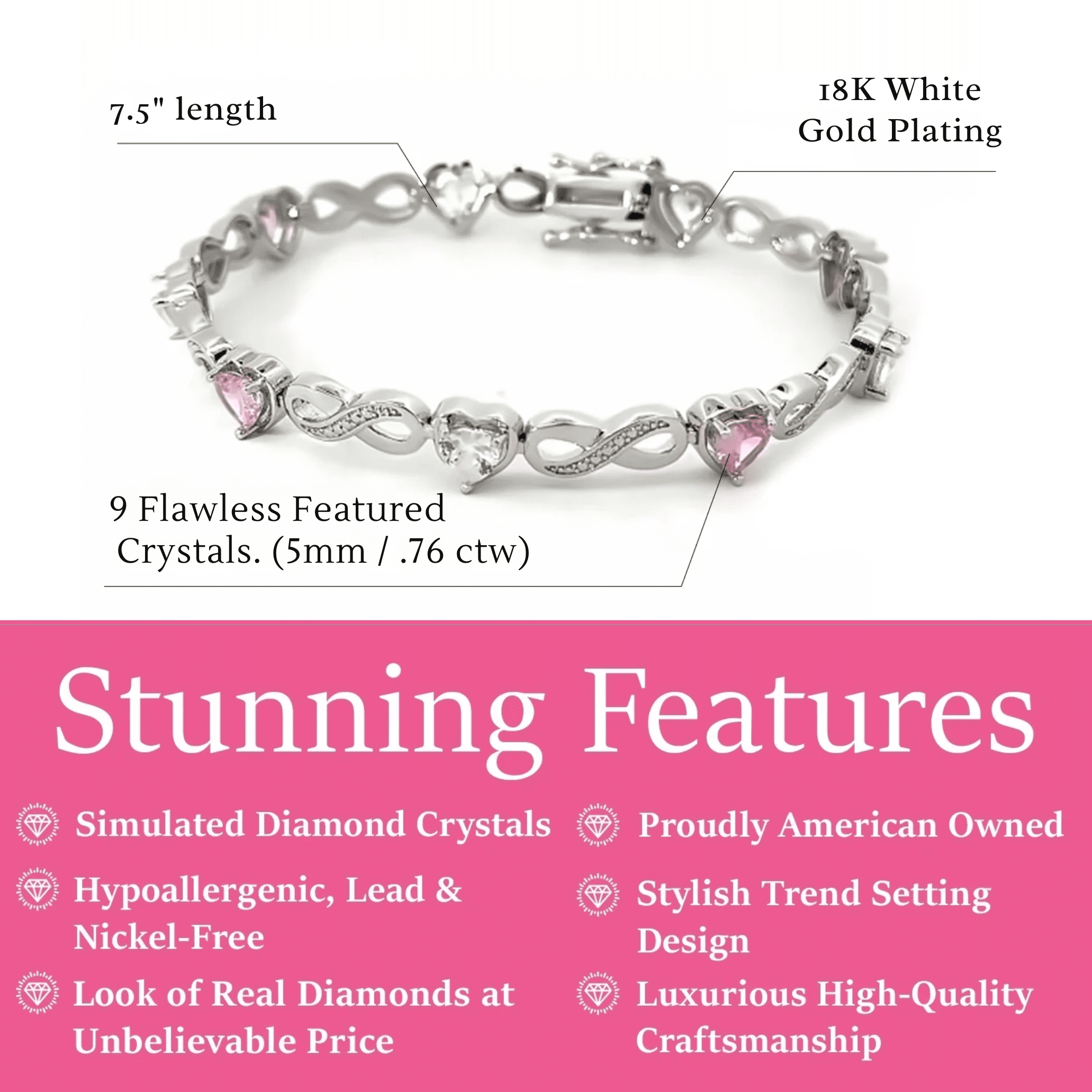 Cate & Chloe Amanda 18k White Gold Plated Clear Pink Heart Women's Bracelet with Simulated Diamonds