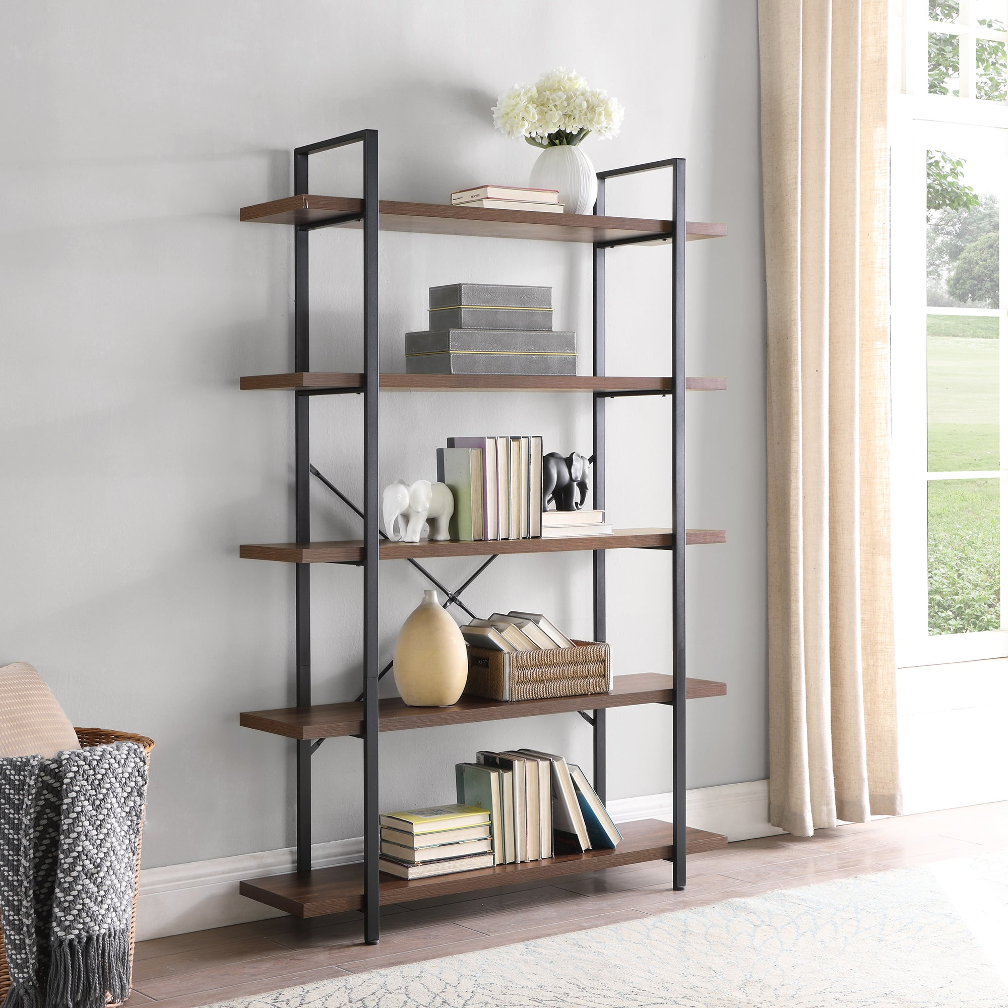 Belleze 5 Tier Industrial Bookshelf, Etagere Bookcase Wooden
