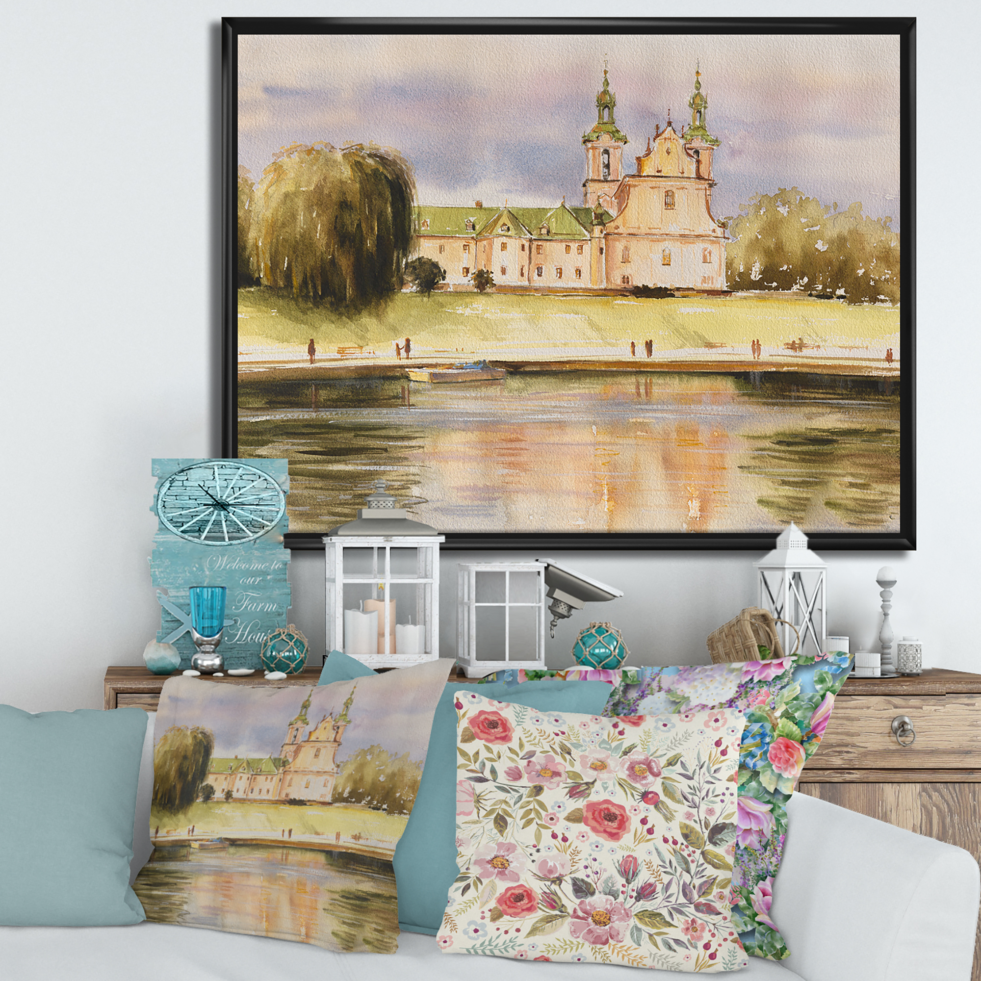 Designart 'Historical Church On The Rock On Banks of The River' Lake House Framed Canvas Wall Art Print