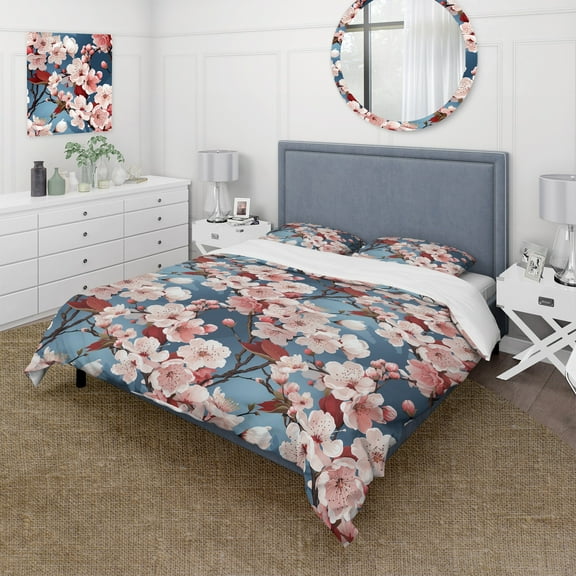 Designart "Cherry Blossom Pink Blue Splendor III" Floral Bedding Covert Set - Cottage Bed Set With 1 Sham