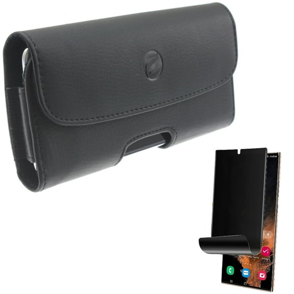 Case Belt Clip w Privacy Screen Protector for Samsung Galaxy S22 Ultra - Leather Holster Cover, TPU Film (Fingerprint Works) Anti-Peep