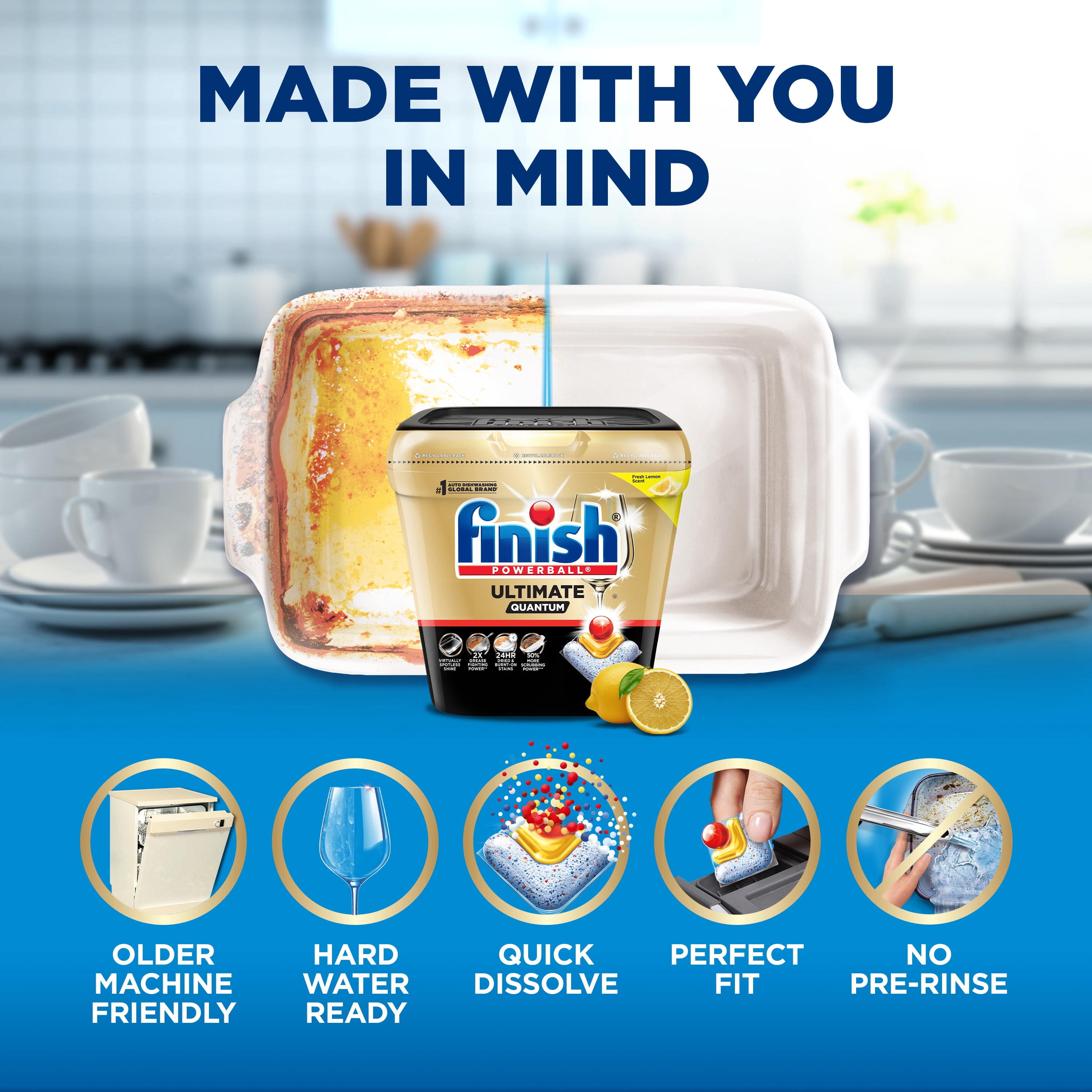 (3 pack) Finish Ultimate Quantum Dishwasher Pods, Dishwasher Detergent Dish Soap, 50% More Cleaning Power, Lemon Scent, 38 Tabs