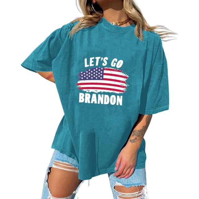 Camiseta De Moda De Verano Camisa de la bandera americana femenina Traje de calle de manga corta con cuello redondo (Azul L) Cgtredaw Para estrenar