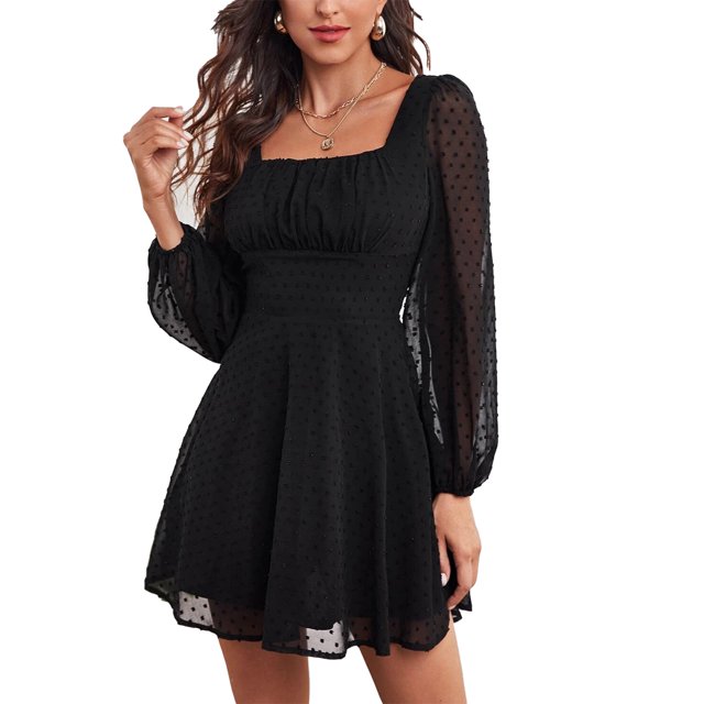 Vestido de malla de manga larga negro con cintura alta, detalle de varias capas y cierre de cremallera en la espalda, talla S para mujer