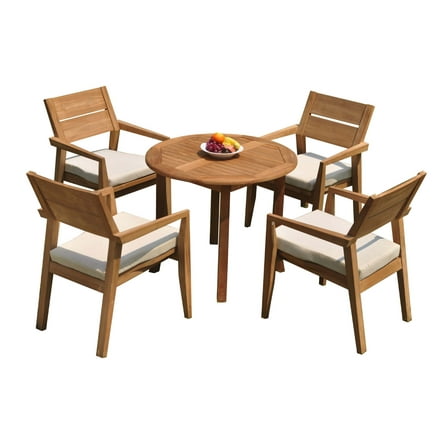 Grade-A Teak Dining Set: 4 Seater 5 Pc: 36" Round Table And 4 Vellore Stacking Arm Chairs Outdoor Patio WholesaleTeak #51VL0705