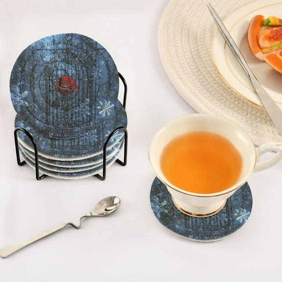BZSMCE 6Pcs Drink Coasters With Holder 3.94Inch Red Rose Creative Coil Coaster Coasters Colors Absorbent Coasters for Drinks Coasters Set Thicken Heat for Home Table