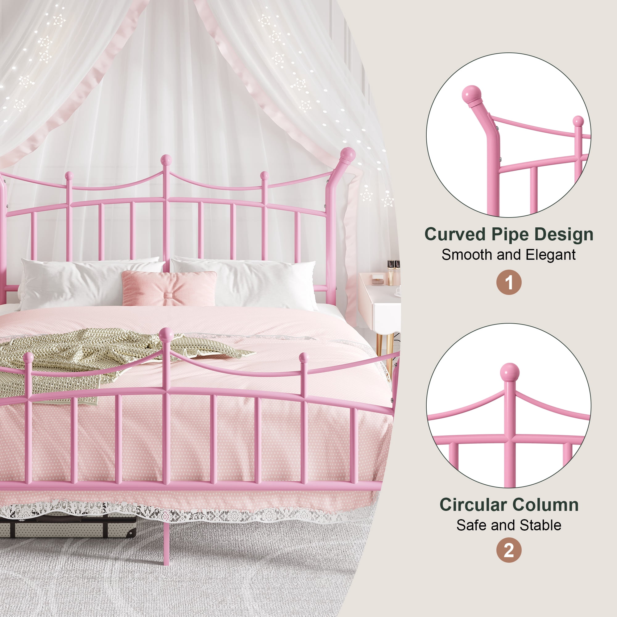 Amolife Full Bed Frame, Metal Platform Bed with Crown-Shaped Headboard and Footboard, 12.6'' Under-Bed Storage Space, No Box Spring Needed, Pink