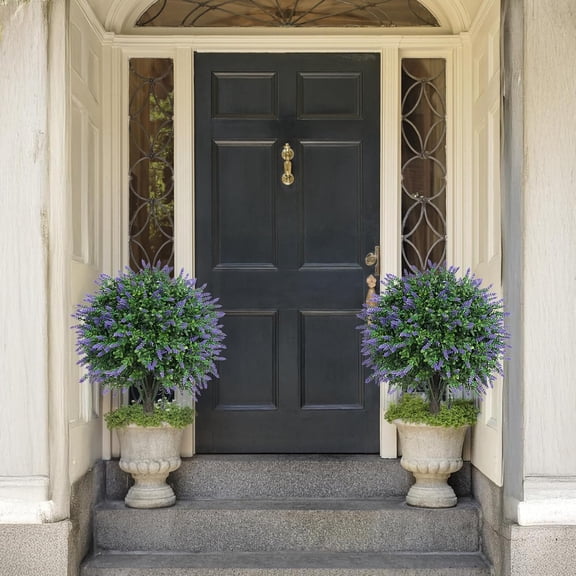 Set of 2 Artificial Lavender Boxwood Topiary Ball Bush for Outdoor with Ground Spike