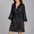 thumbnail image 4 of WREESH Womens Silk Pajamas Casual Homewear Long-Sleeve V-Neck Dress Color Lace Night-Robe One Size Black, 4 of 8