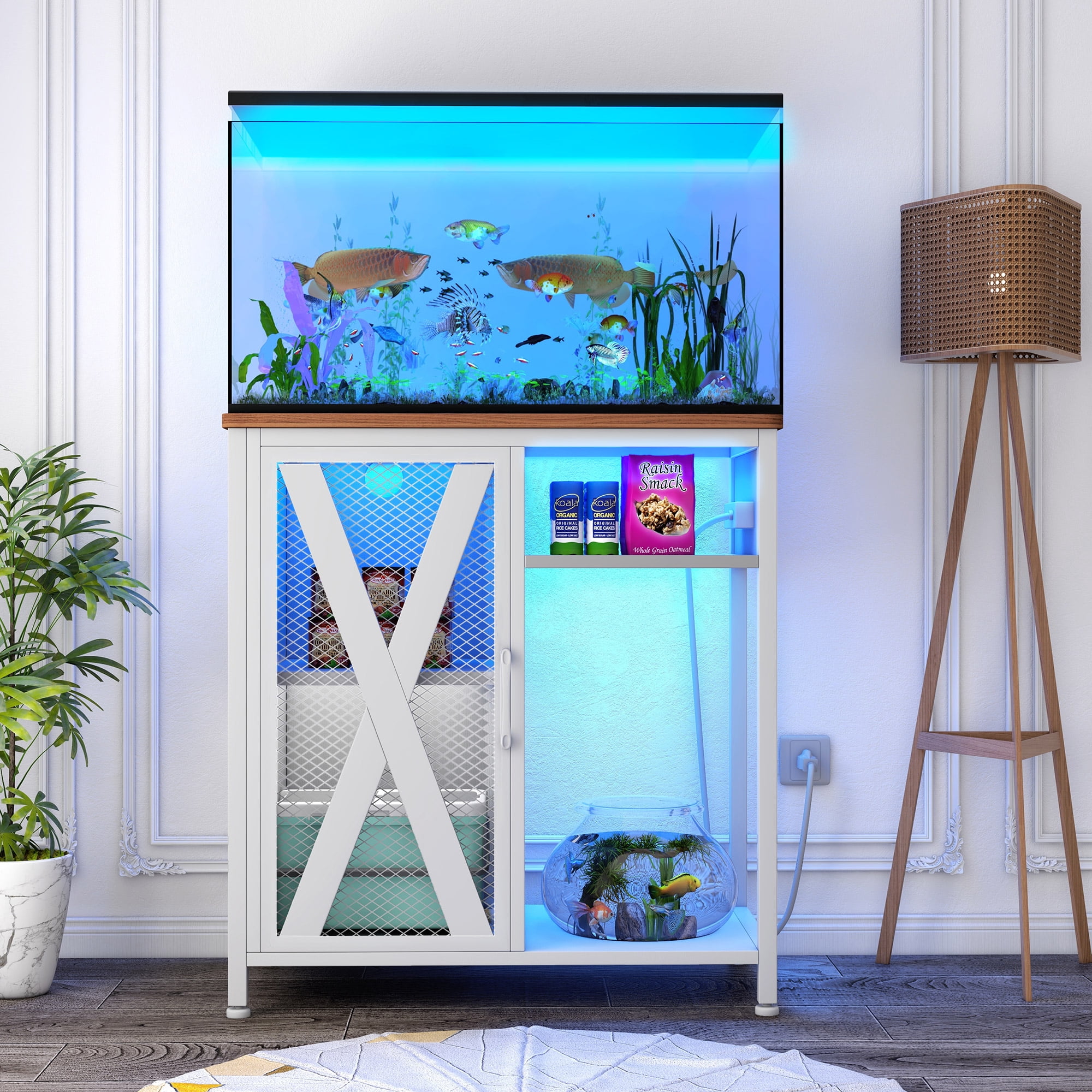 Uforic Aquarium Stand with Power Outlets & LED Light and Cabinet for 20-30 Gallon Fish Tank Stand, Turtle Tank, Reptile Terrarium - White