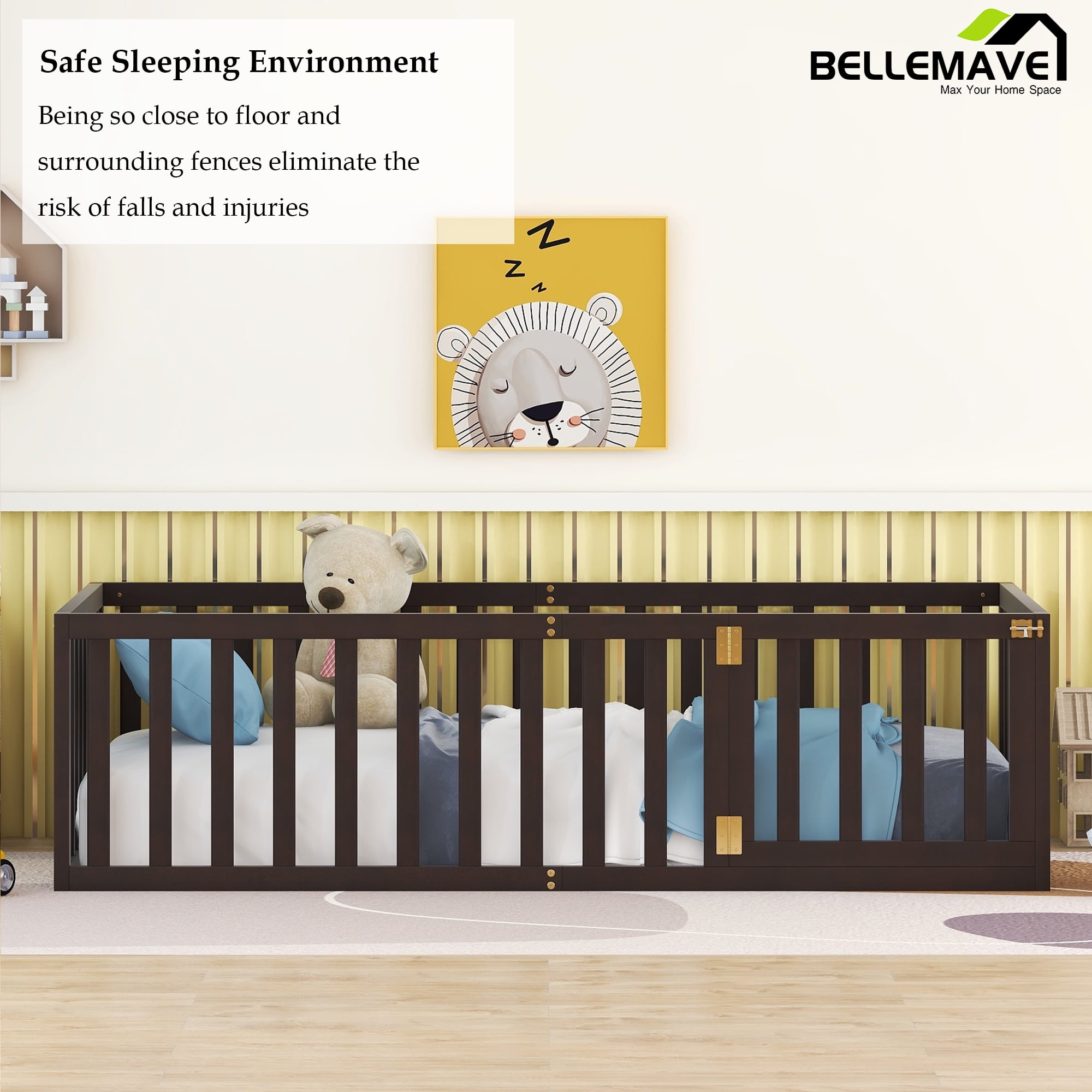 Bellemave Twin Size Floor Bed with Fence and Door, Wood Montessori Bed Frame, Floor Bed Frame, Slats Not Included (Twin,Walnut)