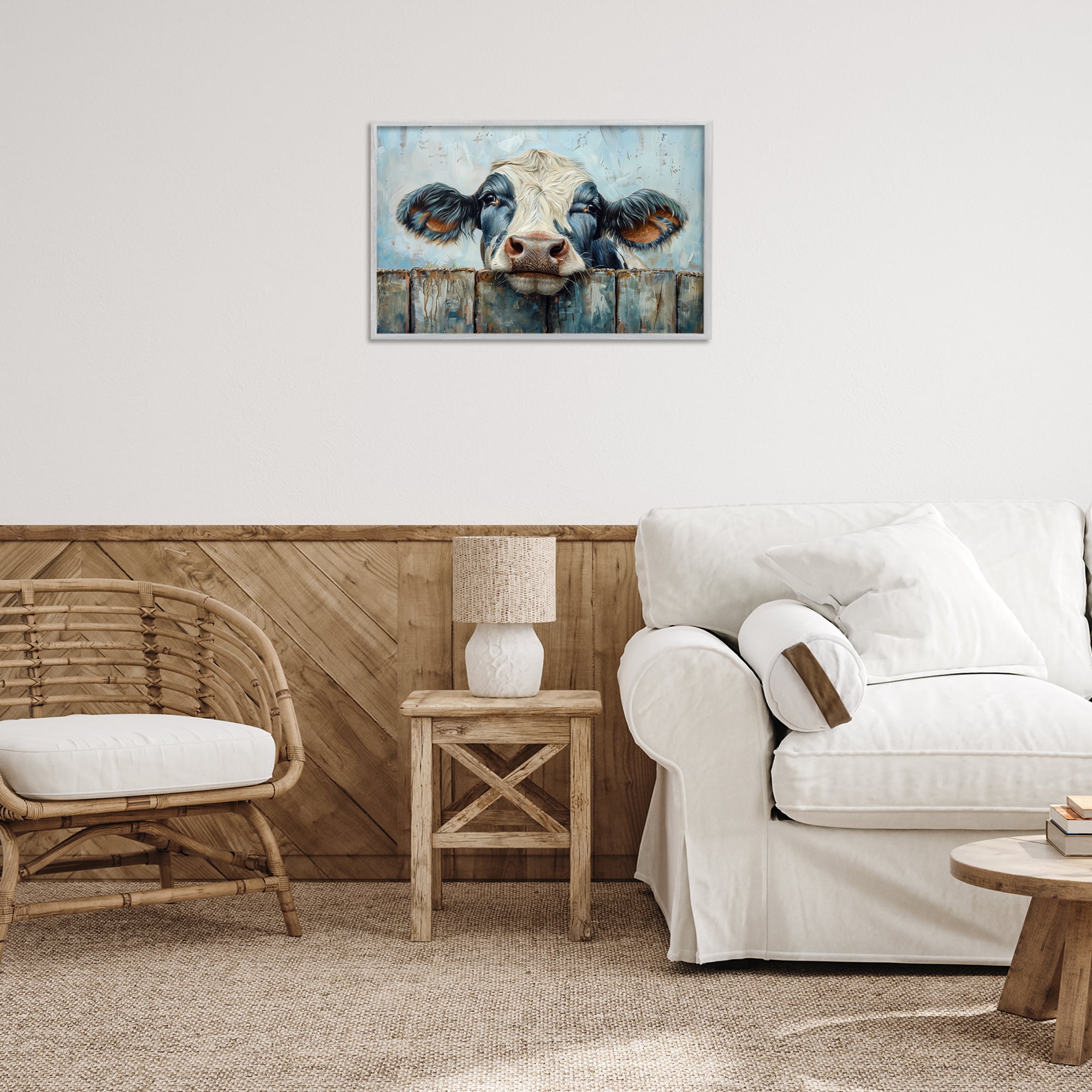 Stupell Industries Howdy Neighbor Cow Animals & Insects Painting Gray Framed Art Print Wall Art, 24 x 16