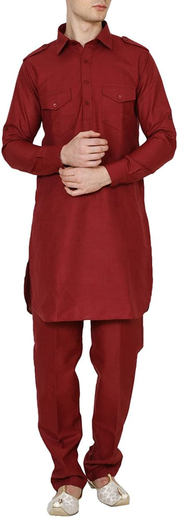 Royal Kurta Abito Pathani Uomo 38 Nero - Casual Con Ricamo Al Collo, Misto Cotone Senza Pieghe - 3