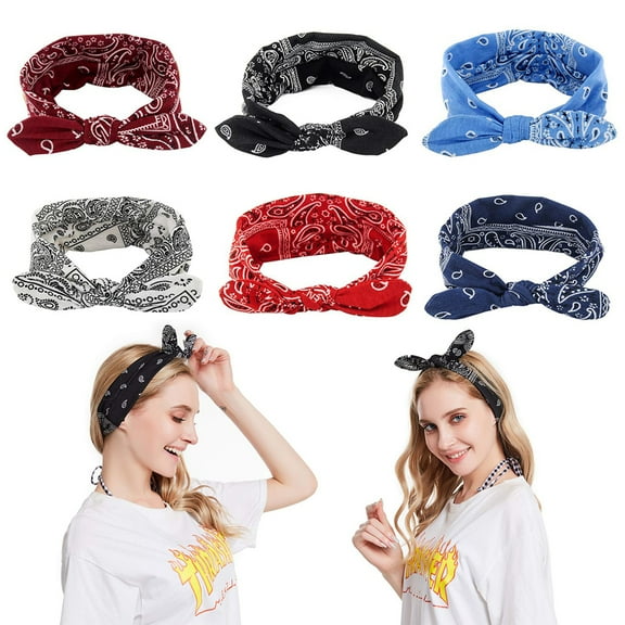VONTER 6 Pack Boho Bow Headbands for Women Vintage Paisley Bandana Flower Printed Hairband Elastic Rabbit ear Head Wrap Cute Hair Accessories Tie Headband for Women and Girls
