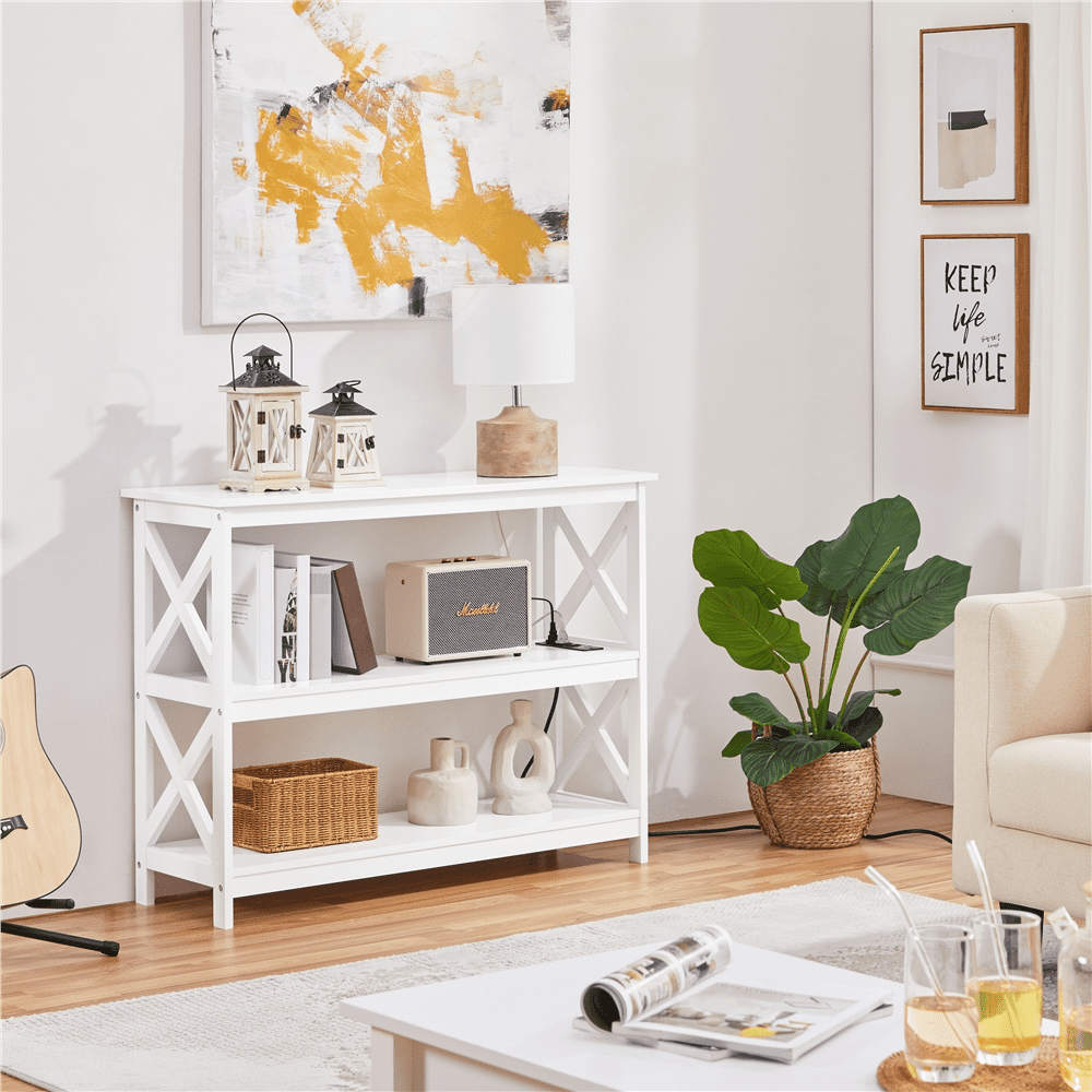 Alden Design 3-Tier Wooden Console Table with Power Outlet for Living Room, White